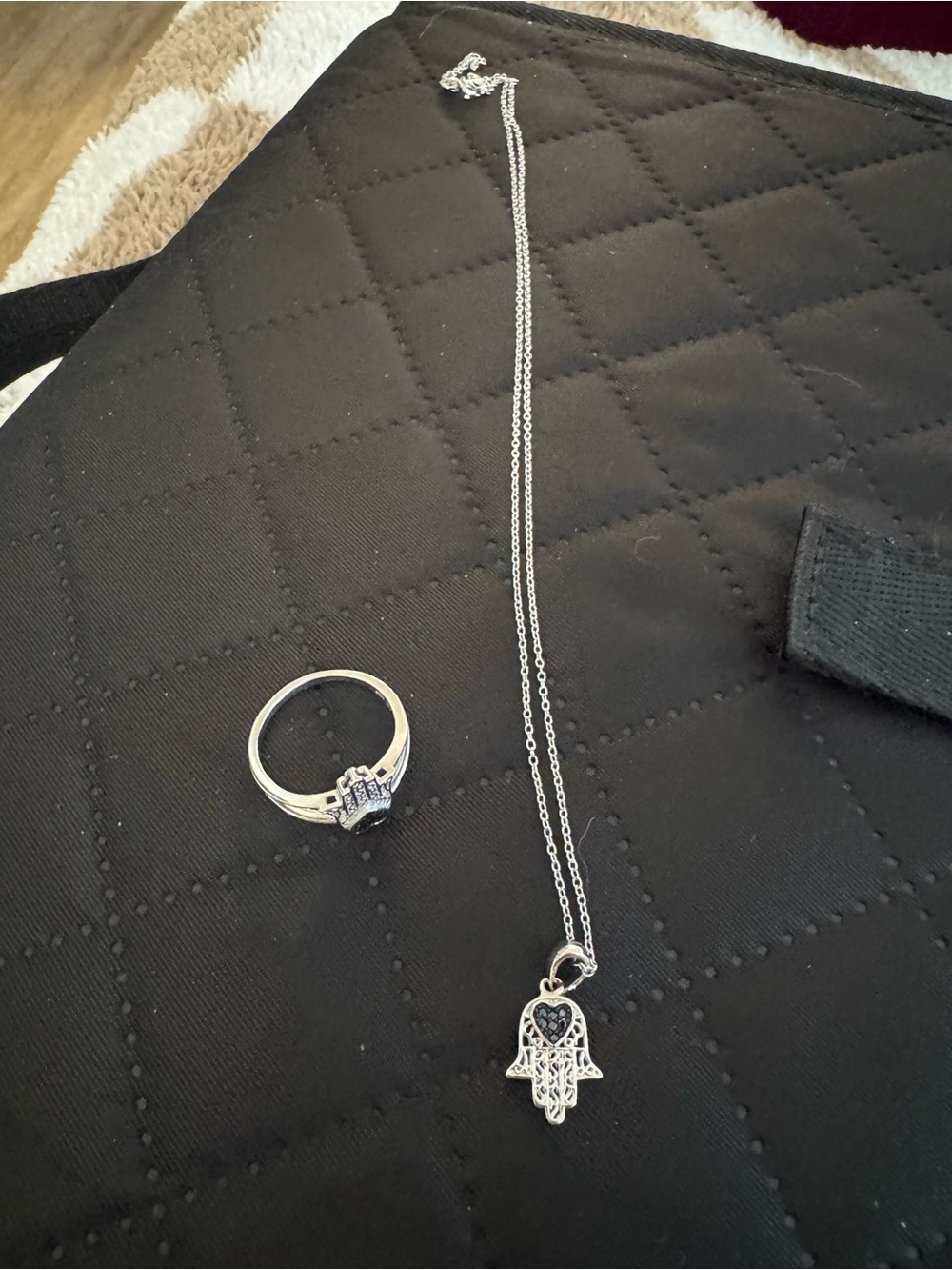 Sterling Silver Hamsa Hand Pendant Necklace and Ring Set - Silver